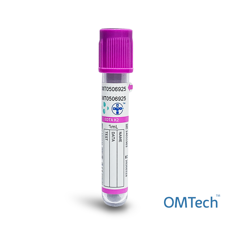 Пробірка вакуумна для забору крові "OMTech", K2 EDTA, стерильна, з бузковою кришкою, 1 мл, 13*75 мм